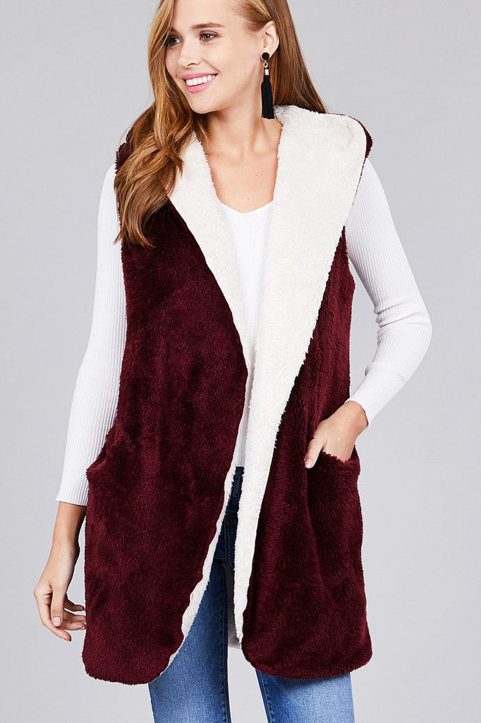 NELLIE open front w/hoodie faux fur soft fluffy vest