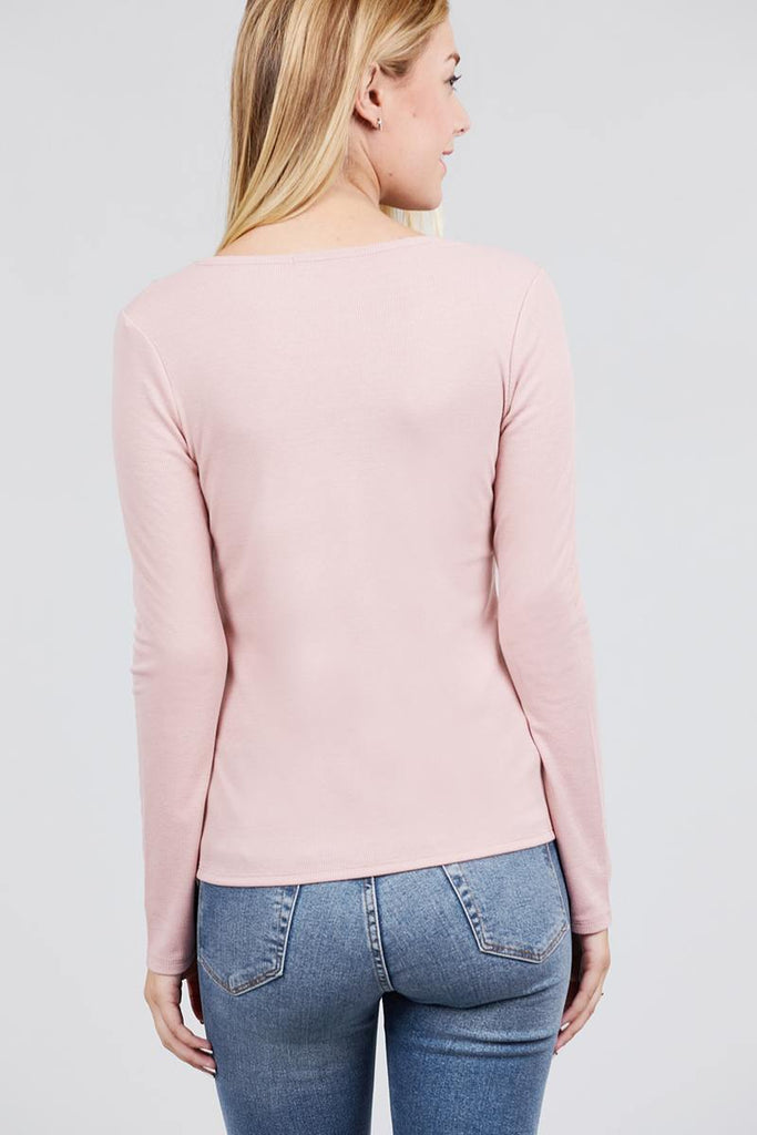 Long Sleeve V-notch Neck Rib Knit Top