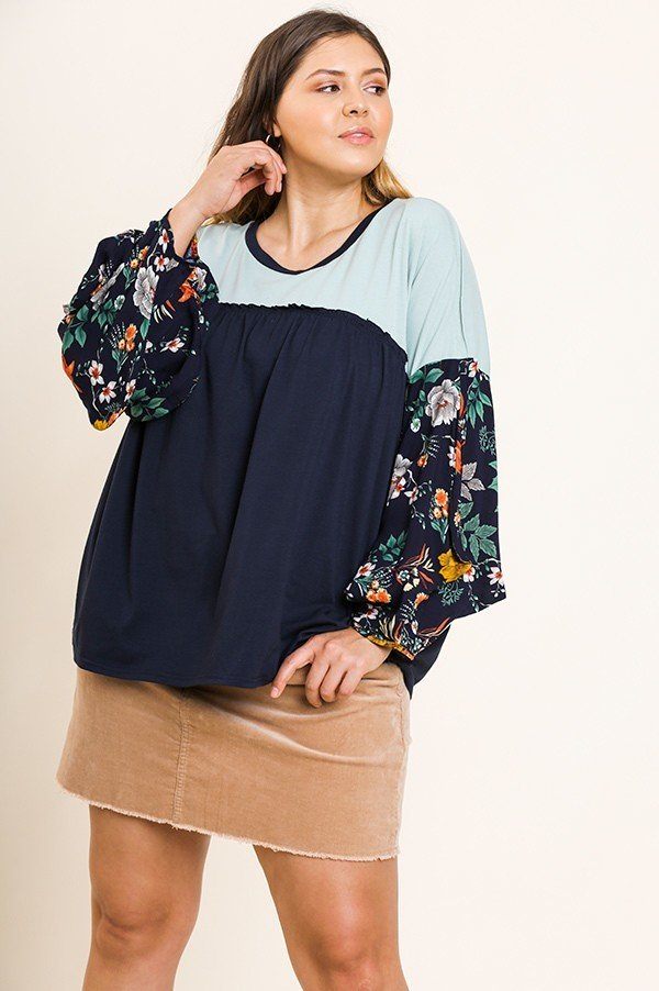 Floral Print Puff Sleeve Round Neck Heathered Top