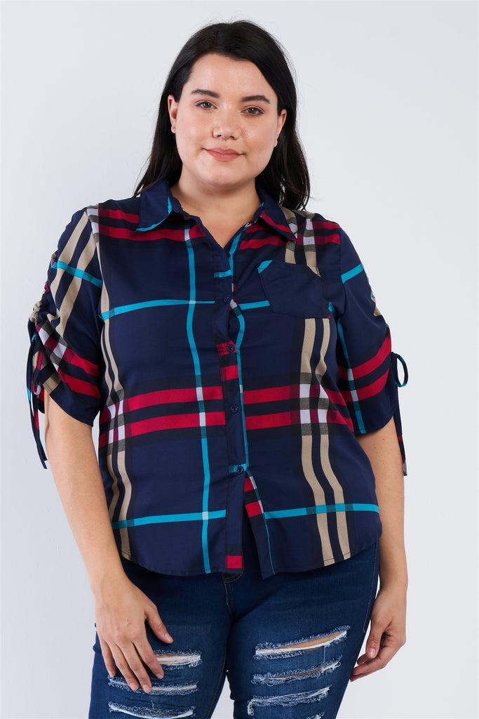 Plus Size Plaid Multi Stripe Cinched Sleeve Button Down Top