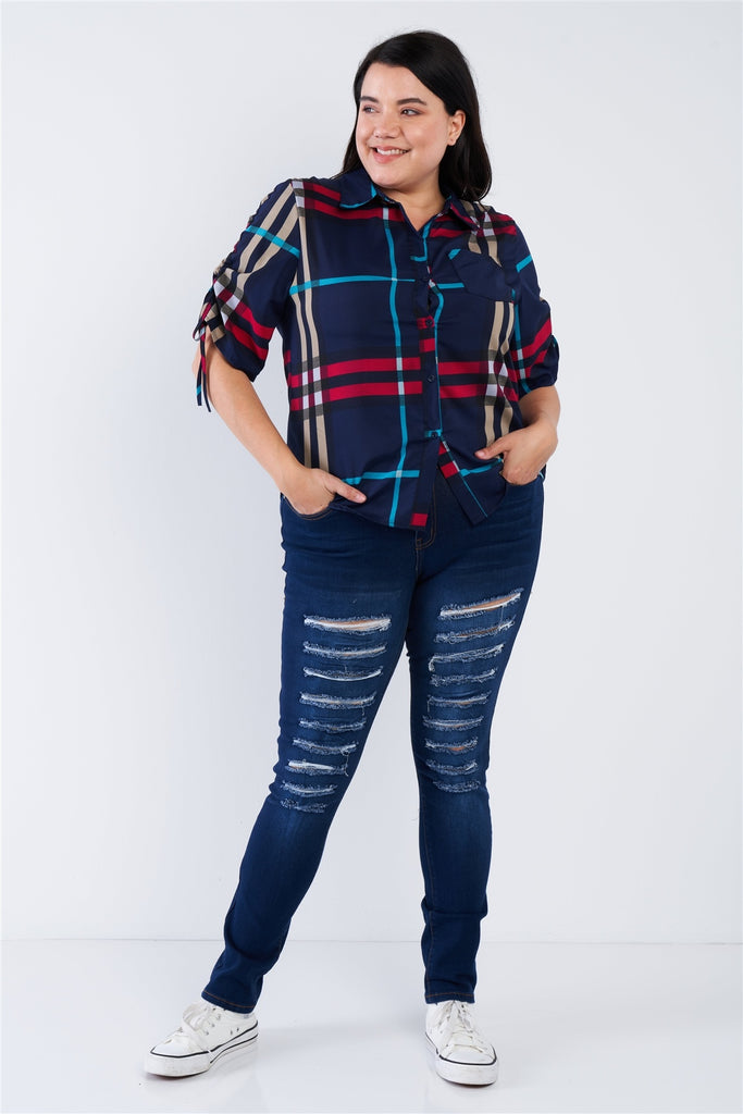 Plus Size Plaid Multi Stripe Cinched Sleeve Button Down Top