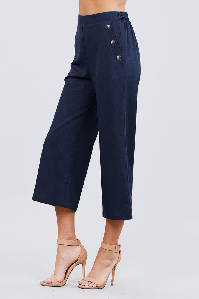 Fake Pocket W/button Detail Wide Long Leg Linen Pants