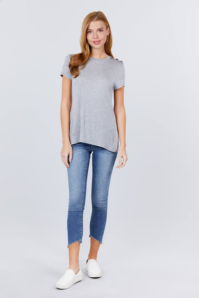 Short Sleeve Crew Neck W/shoulder Button Detail Rayon Spandex Top