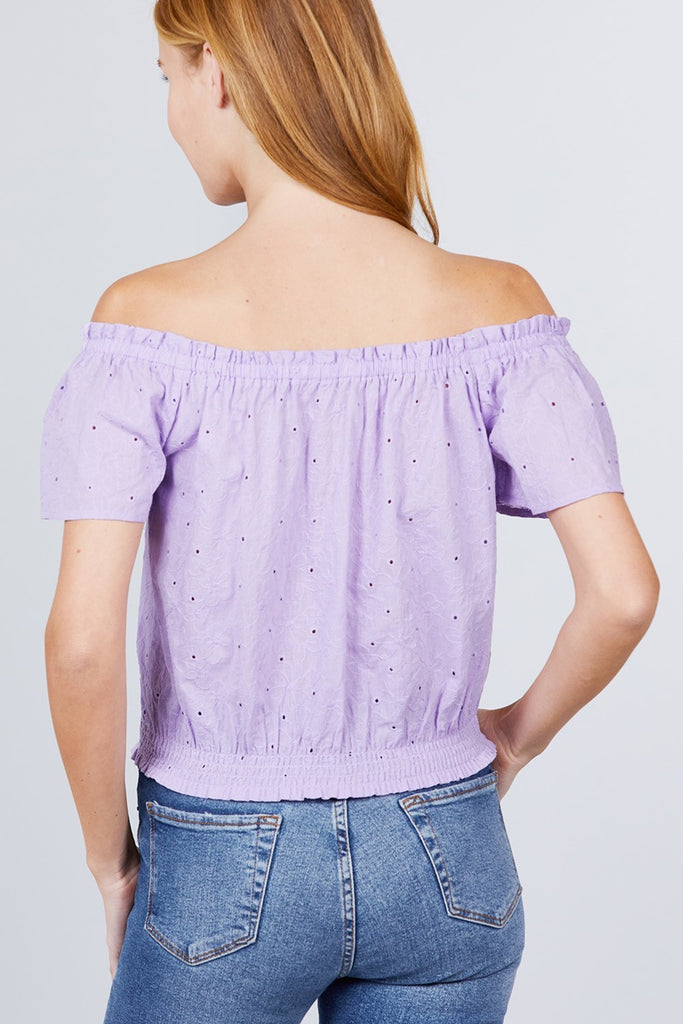 Short Sleeve Off The Shoulder Front Tie Detail Smocked Hem Eyelet Lace Woven Top