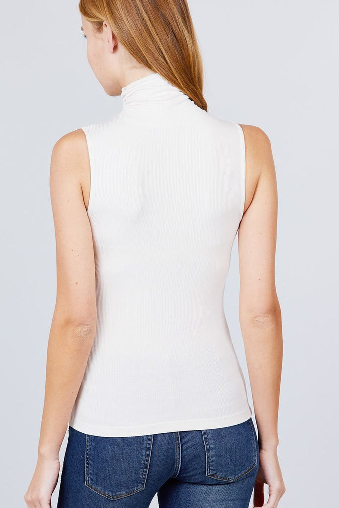 Sleeveless Shirring Turtle Neck Rib Knit Top