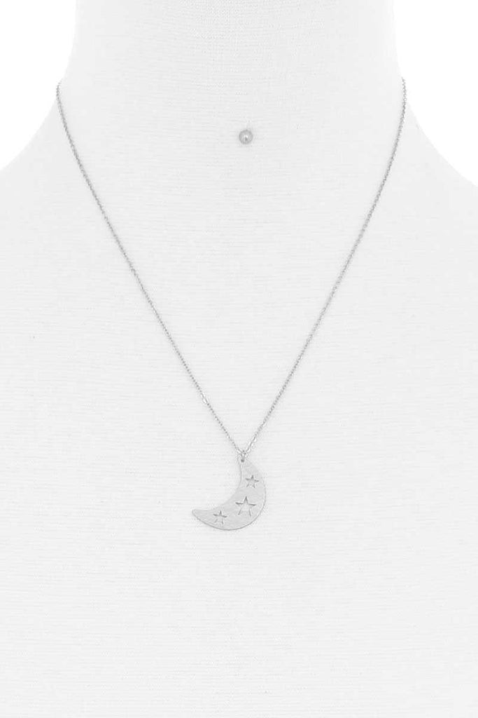 Crescent Moon And Star Pendant Necklace And Earring Set