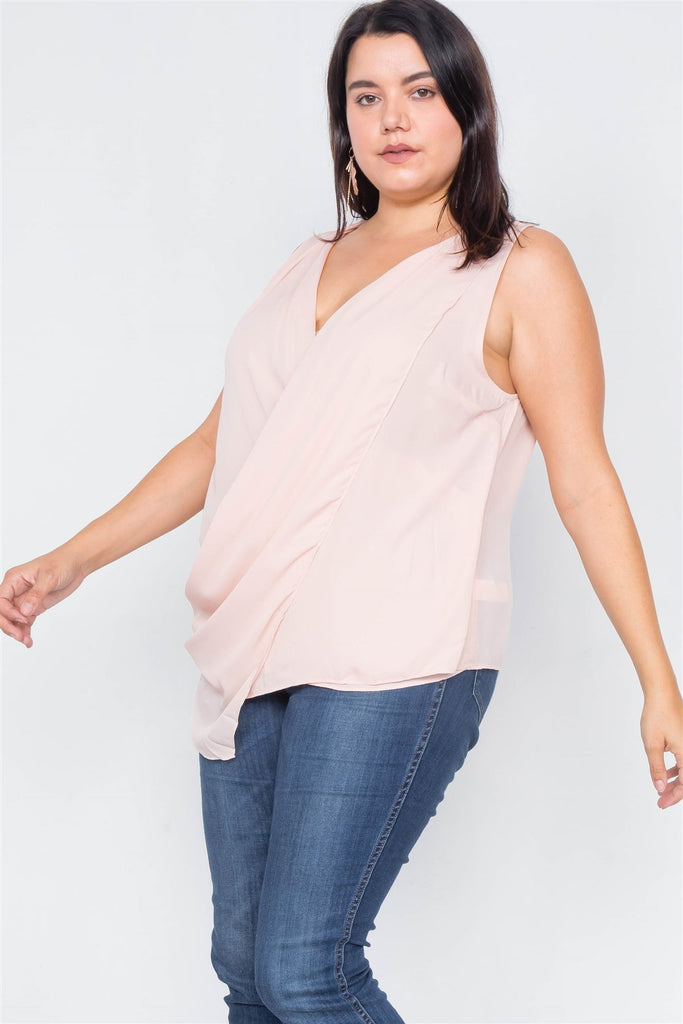 Plus Size Sheer Blush Surplus V-neck Chic Sleeveless Blouse