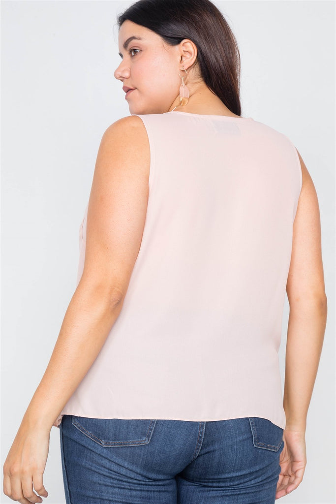 Plus Size Sheer Blush Surplus V-neck Chic Sleeveless Blouse