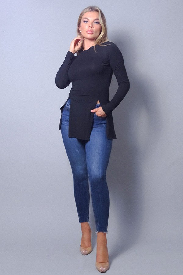 Sleek & Chic Fall Long Sleeve Slitted Top