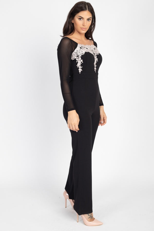 Black Lace Tie Long Sleeve Jumpsuit