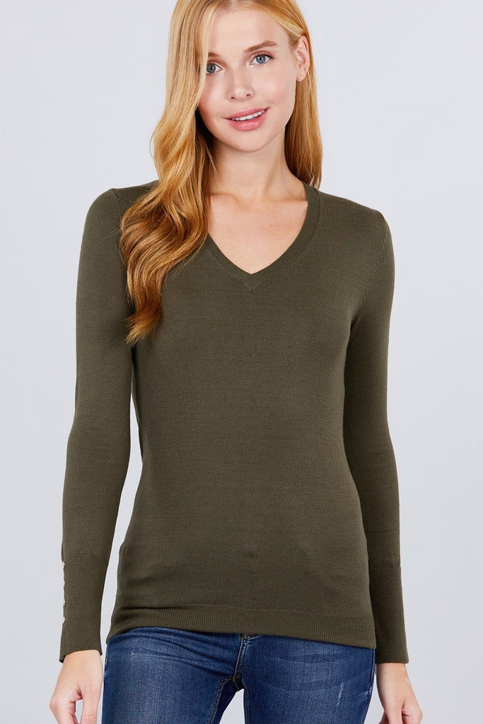 V-neck Sweater W/rivet Button