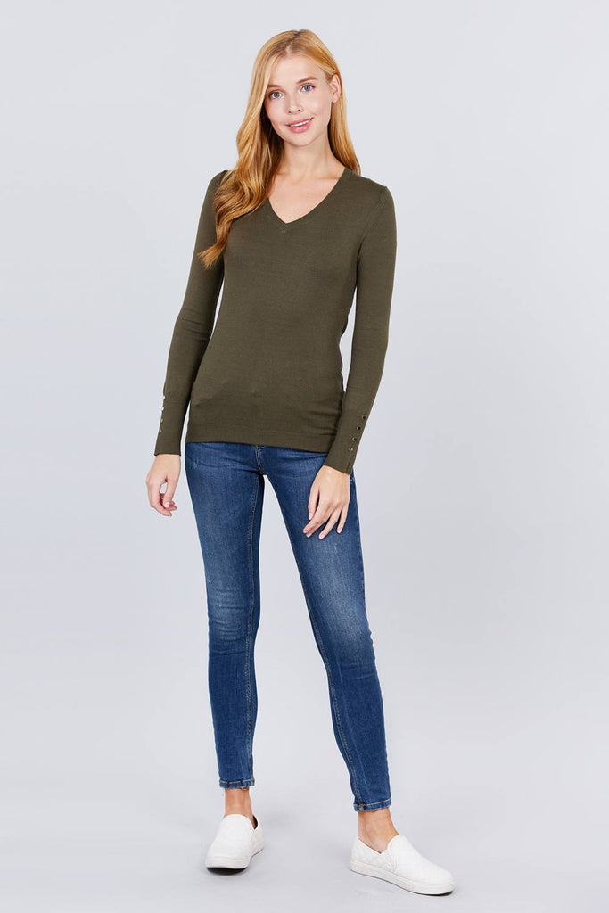 V-neck Sweater W/rivet Button