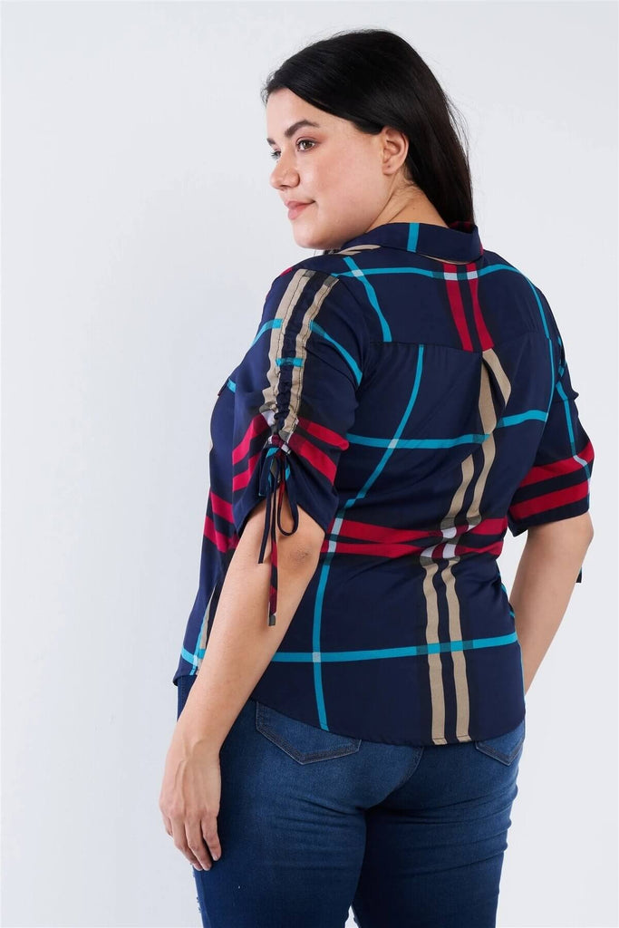 Plus Size Plaid Multi Stripe Cinched Sleeve Button Down Top